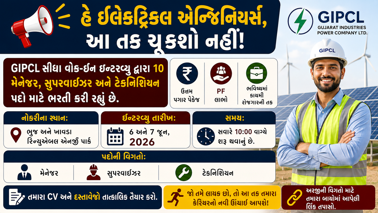 GIPCL Job 2026: ગુજરાત ઇન્ડસ્ટ્રીઝ પાવર કંપની દ્વારા મેનેજર, સુપરવાઈઝર અને ટેકનિશિયન પદો માટે મોટી ભરતી જાહેર, વોક-ઇન ઇન્ટરવ્યૂ દ્વારા સીધી પસંદગી