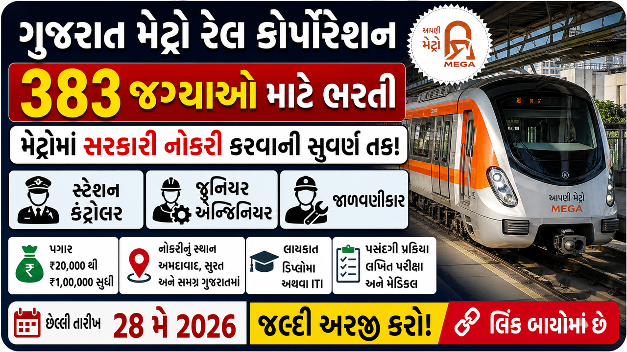 GMRCL Recruitment 2026: ગુજરાત મેટ્રો રેલ કોર્પોરેશનમાં 383 જગ્યાઓ માટે મોટી ભરતી જાહેર