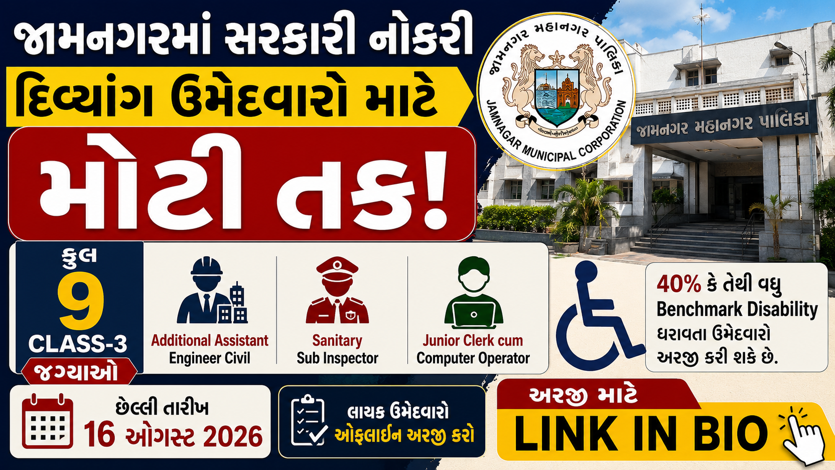 JMC Recruitment 2026: જામનગર મહાનગરપાલિકામાં દિવ્યાંગ ઉમેદવારો માટે 9 જગ્યાઓની ખાસ ભરતી