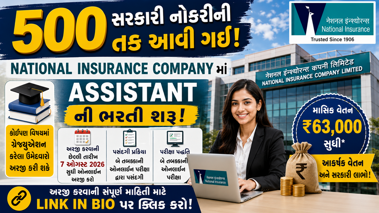 National Insurance Assistant Recruitment 2026: નેશનલ ઇન્શ્યોરન્સ કંપનીમાં 500 આસિસ્ટન્ટની ભરતી, ગ્રેજ્યુએટ ઉમેદવારો માટે સુવર્ણ તક
