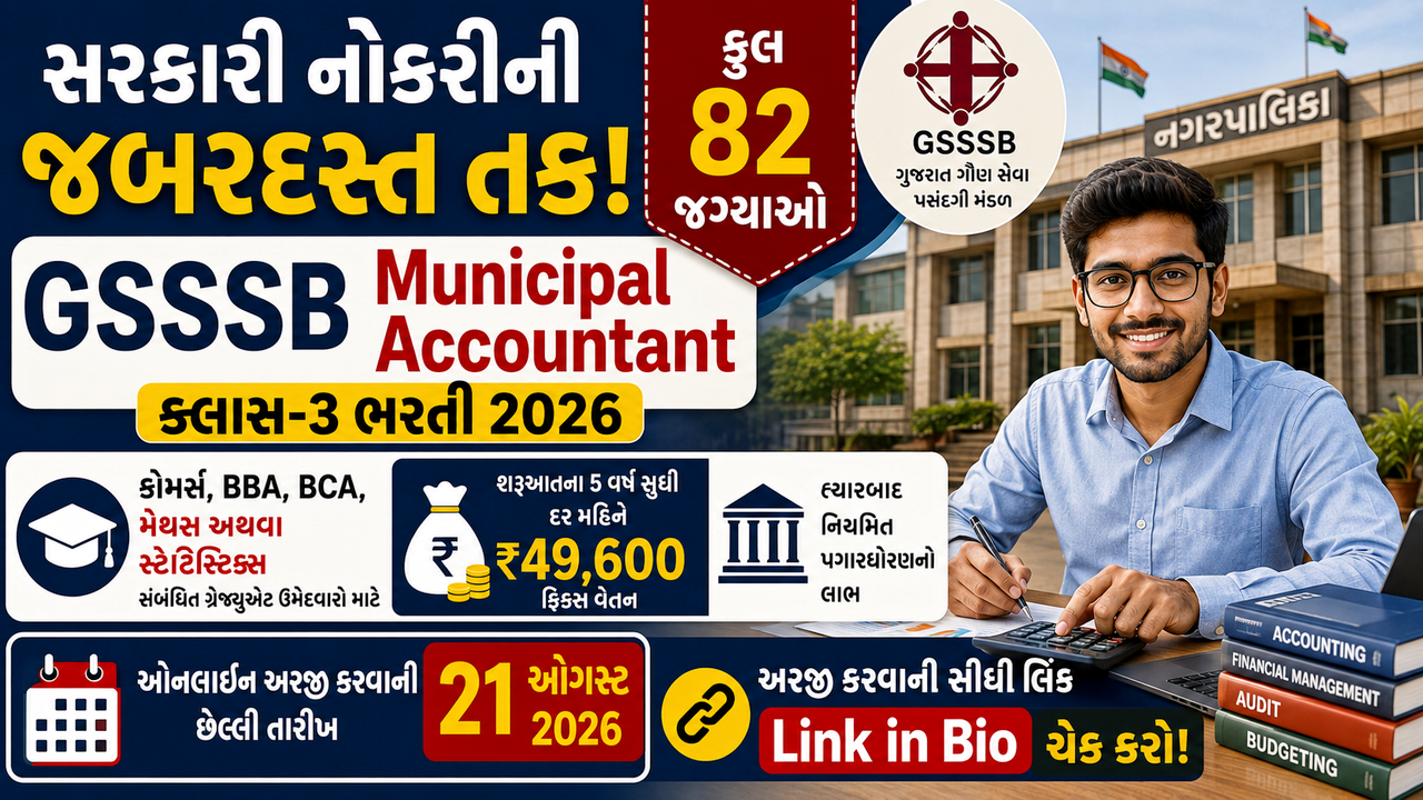 GSSSB Municipal Accountant Job 2026: ગુજરાતમાં મ્યુનિસિપલ એકાઉન્ટન્ટ ક્લાસ-3ની 82 જગ્યાઓ માટે ઓનલાઈન ભરતી