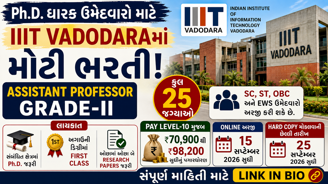 IIIT Vadodara Recruitment 2026: ઈન્ડિયન ઈન્સ્ટિટ્યૂટ ઓફ ઈન્ફોર્મેશન ટેકનોલોજી વડોદરા દ્વારા વર્ષ 2026 માટે મદદનીશ પ્રોફેસર ગ્રેડ-II પદની ભરતી