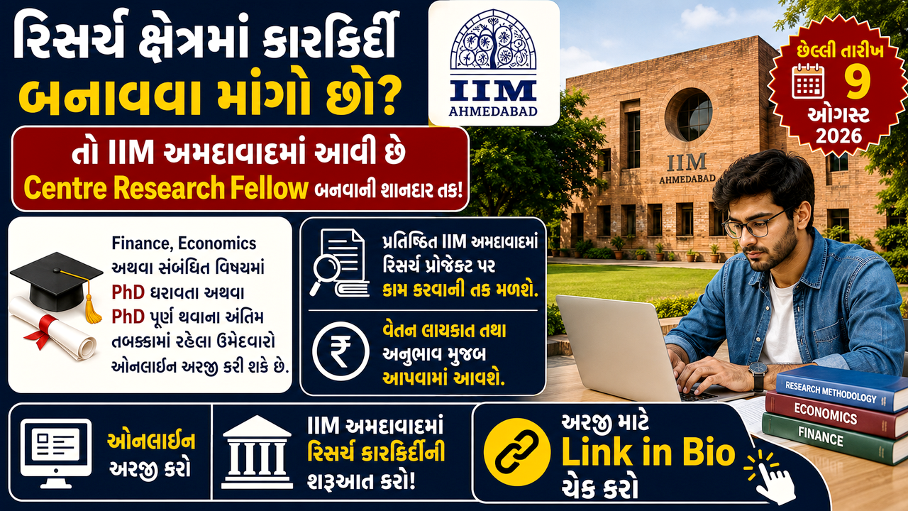 IIM Ahmedabad Centre Research Fellow Job 2026: ભારતીય મેનેજમેન્ટ સંસ્થા અમદાવાદમાં રિસર્ચ ફેલો પદ માટે ઓનલાઈન અરજી કરવાની તક