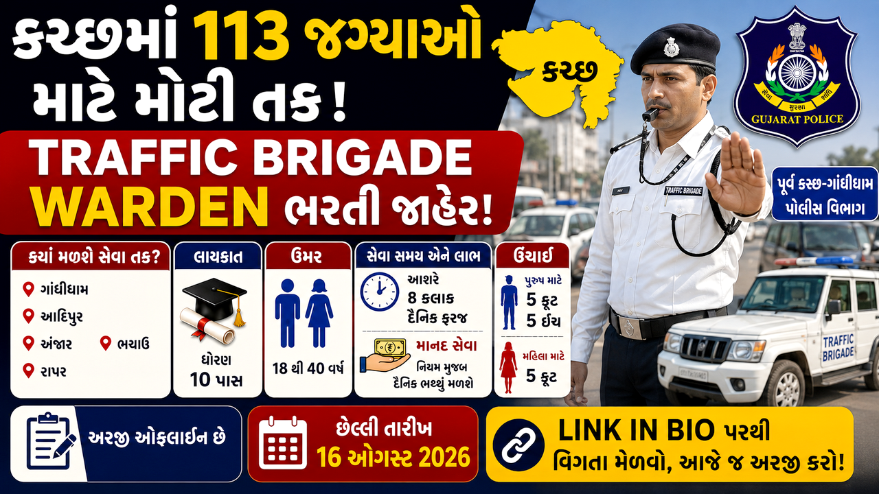 Kutch Traffic Brigade Recruitment 2026: કચ્છ જિલ્લાના પૂર્વ કચ્છ-ગાંધીધામ પોલીસ વિભાગ દ્વારા 113 વોર્ડન જગ્યાઓ માટે ભરતી