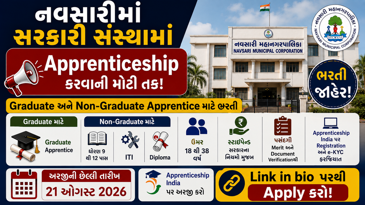 Navsari Municipal Corporation Apprentice Recruitment 2026: નવસારી મ્યુનિસિપલ કોર્પોરેશનમાં ગ્રેજ્યુએટ અને નોન-ગ્રેજ્યુએટ ઉમેદવારો માટે તક